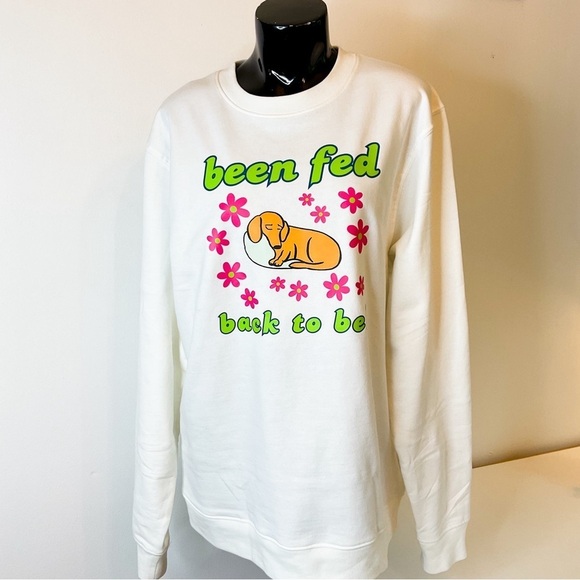 Hand Crafted Sweaters - HANDMADE Doxie "Been Fed Back To Bed" White Cotton Sweatshirt